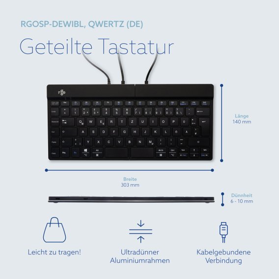 Infoblatt zur geteilten Tastatur RGO-Split v2 mit den Infos der L&auml;nge von 140 mm, der Breite von 303 mm und der Dicke von 6-10 mm