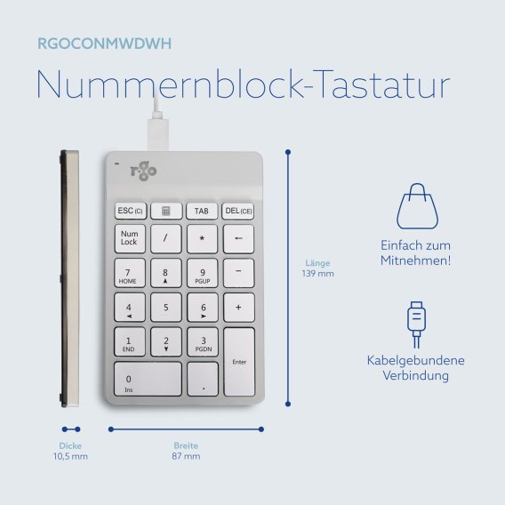 Informationen zu den Eigenschaften des R-Go Ergonomischen Nummernblocks in der weißen und kabelgebundenen Ausführung