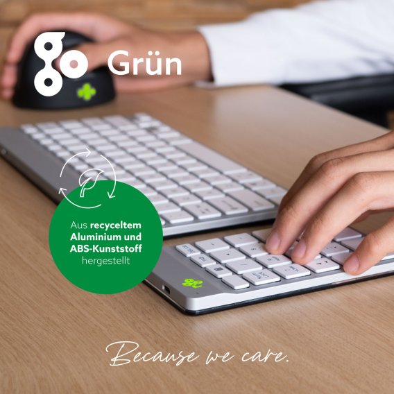 Infoblatt zur Nachhaltigkeit des ergonomischen Nummernblocks von R-Go in der wei&szlig;en und kabellosen Ausf&uuml;hrung