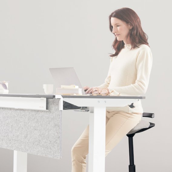 Frau auf einem Aeris Muvman am Schreibtisch im B&uuml;ro sitzend vor dem Laptop