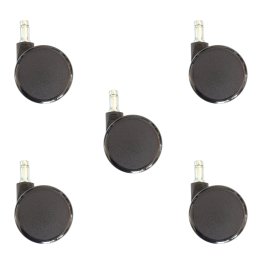 F&uuml;nf originale schwarze Kunststoffrollen von Haider Bioswing f&uuml;r Teppichboden vor wei&szlig;em Hintergrund