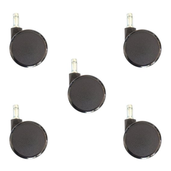 F&uuml;nf originale schwarze Kunststoffrollen von Haider Bioswing f&uuml;r Teppichboden vor wei&szlig;em Hintergrund