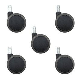 Set aus f&uuml;nf originalen schwarze Kunststoffrollen von Haider Bioswing f&uuml;r Hartboden vor wei&szlig;em Hintergrund