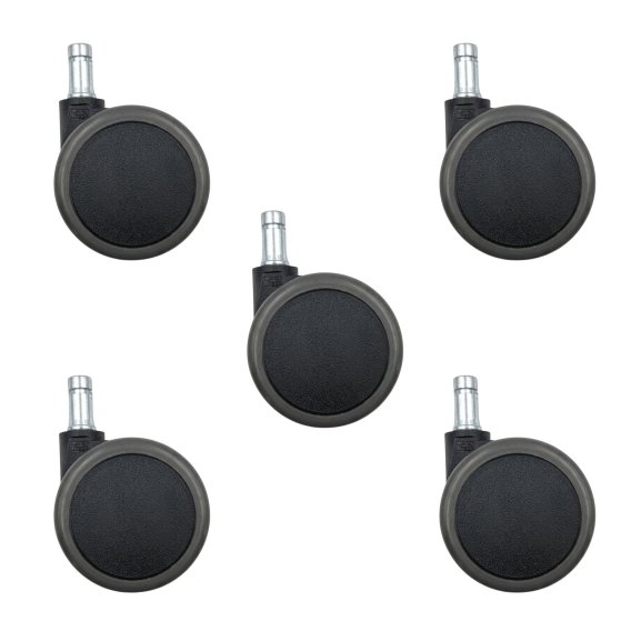 Set aus f&uuml;nf originalen schwarze Kunststoffrollen von Haider Bioswing f&uuml;r Hartboden vor wei&szlig;em Hintergrund