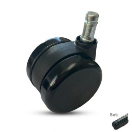 Hochglanz-B&uuml;rostuhlrolle f&uuml;r Teppichb&ouml;den in Schwarz mit robuster Kunststoff-Halterung und verzinktem Steckstift